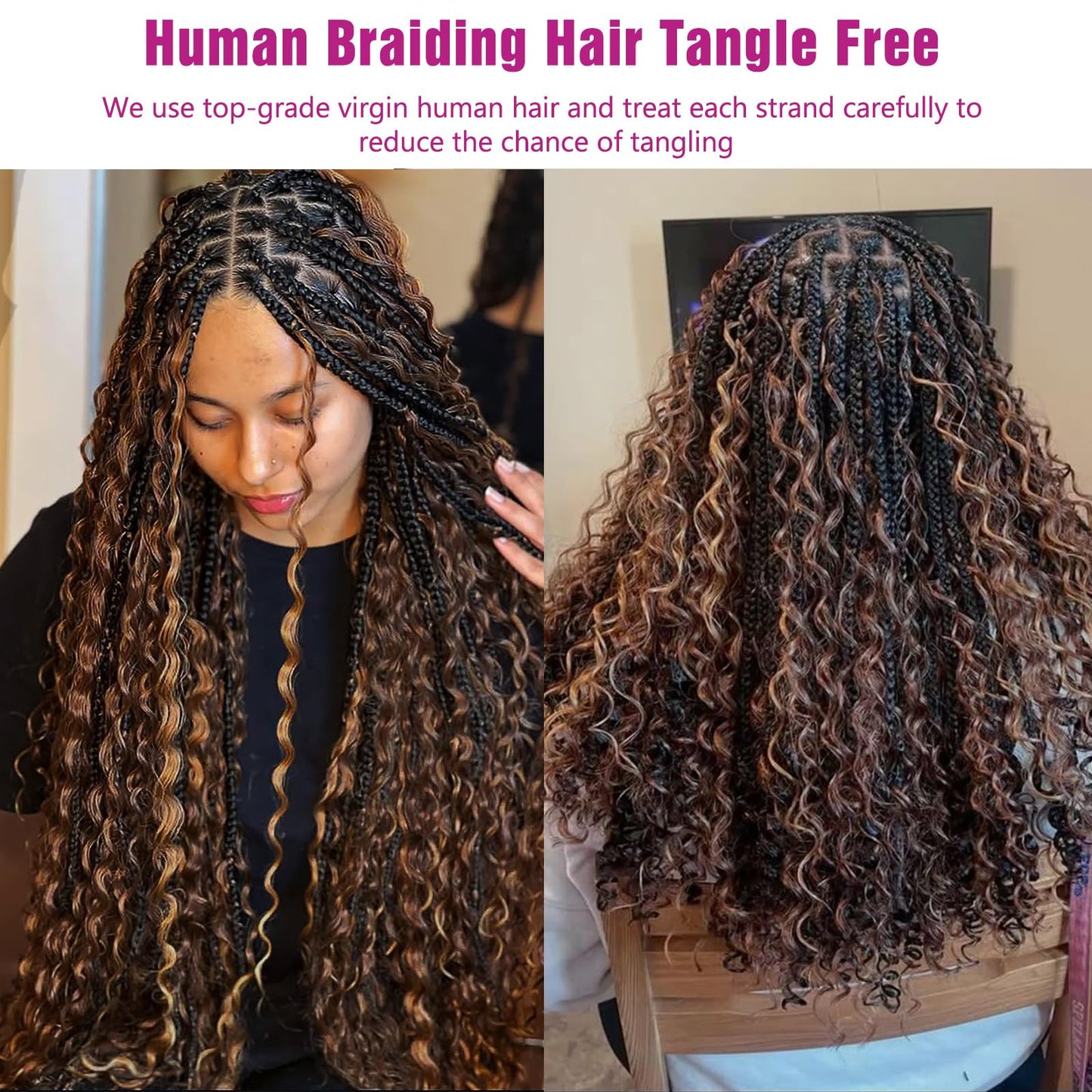 1B/30 Highlight Bronze Human Braiding Hair Deep Wave Bulk,Black and Gold No Weft Curly Braiding Hair Extensions for Boho Braids