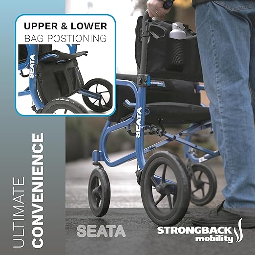 Strongback Mobility Seata Rollator Walker with Seat for Seniors - Lightweight Foldable Adult Mobility Aid with Wheels and Brakes, Ergonomic Back Support, Adjustable Height, 19.6" Width, 300lb Capacity