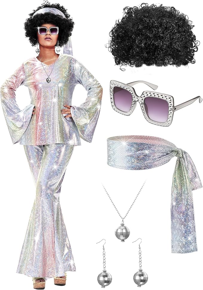 Jexine 70s Women Disco Outfit Costume Disco Party Top Pants Sunglasses Ball Necklace Earring Wig for Halloween New Year Eve
