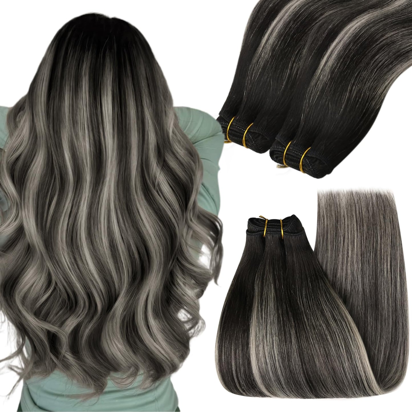 YoungSee Ombre Black Weft Hair Extensions Human 16 inch Sew in Real to Silver 100g 3.5274 Ounce