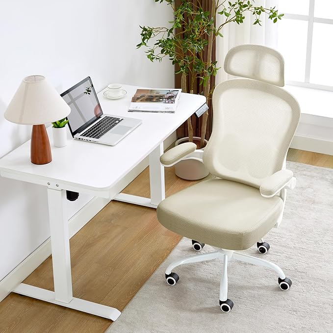 TUKAKA Ergonomic Office Chair,Ultra Thick Office Desk Chair with Adjustable Lumbar Support and Headrest,Spring Cushion,Rocking Function,Flip-up arms,Mesh Computer Chair for Home Office,Khaki