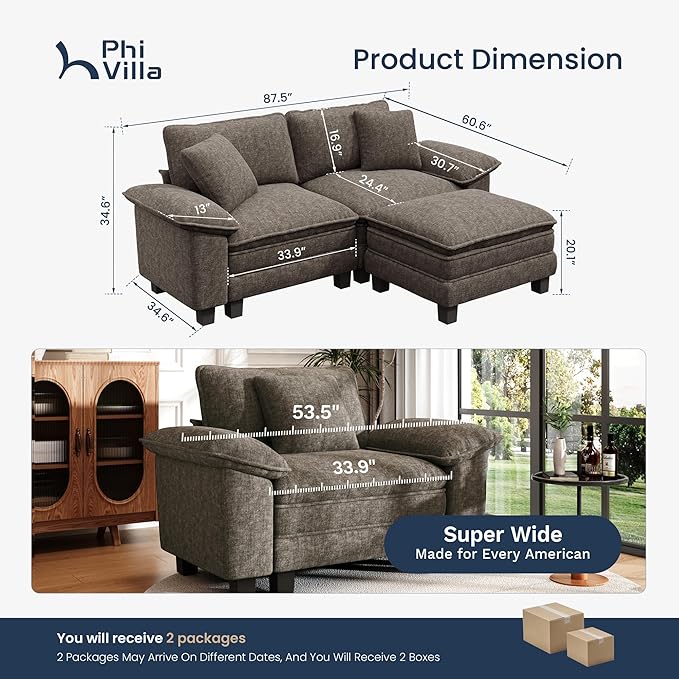 PHI VILLA Cloud Modular Couches Sets, 87.5" Sectional Loveseat Sofa with 1 Movable Ottoman, 3-Seater Comfy Couches for Living Room Apartment, Chenille Fabric, Smoky Grey