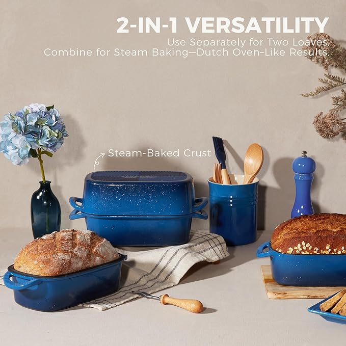 HONGBAKE Everline Collection 2 in 1 Enameled Cast Iron Loaf Pan with Lid, 9x5 Bread Pans for Baking Homemade Sourdough, Nonstick Large Banana Baking Tins, Even Heating Bread Dutch Oven, Blue
