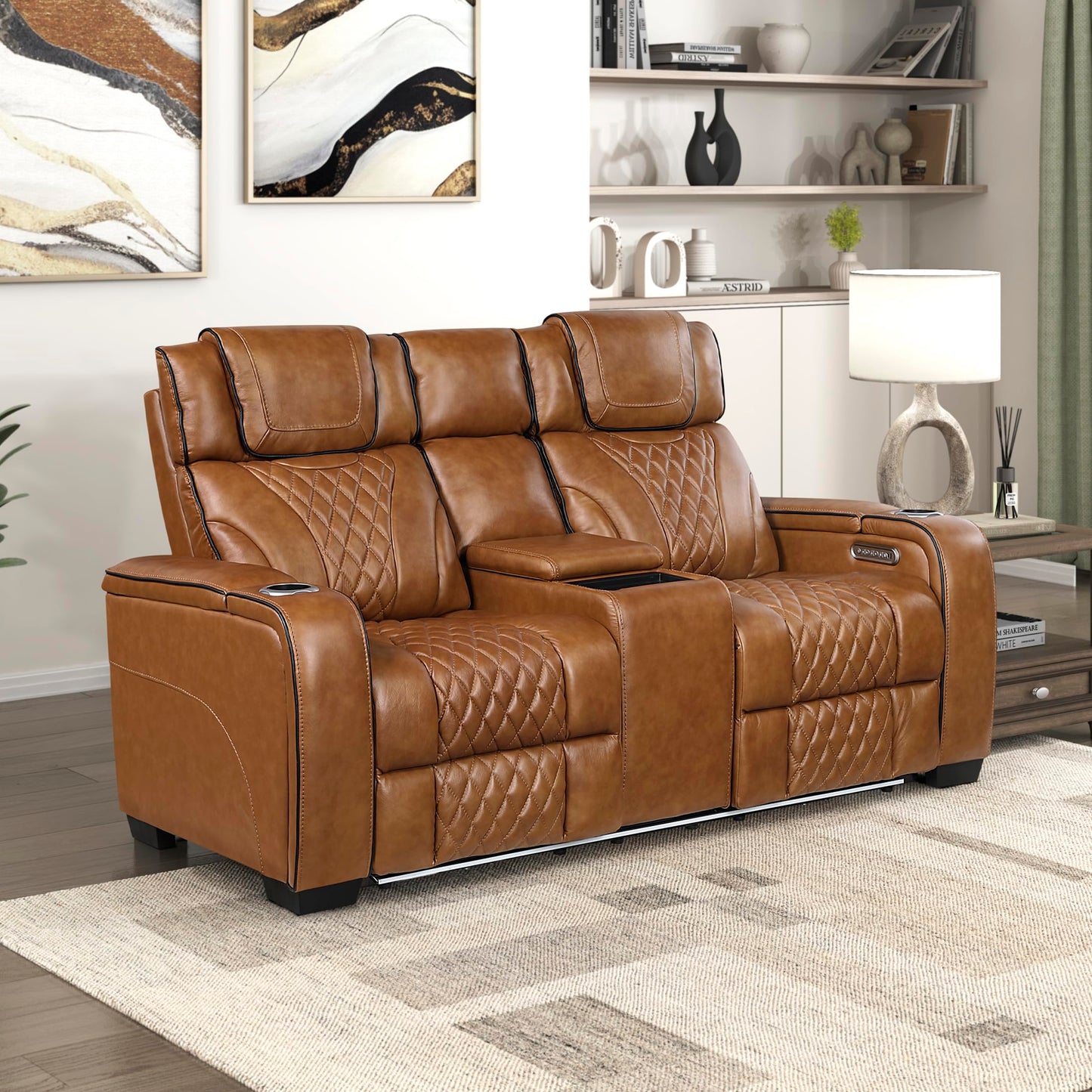 Lexicon Power Double Reclining Loveseat, Center Console/Heat/Massage/Headrest/Storage Arms/Cup Holders/LED Lights/Wireless Charging, Top Grain Leather Match Wall Hugger Recliner Loveseat, Brown