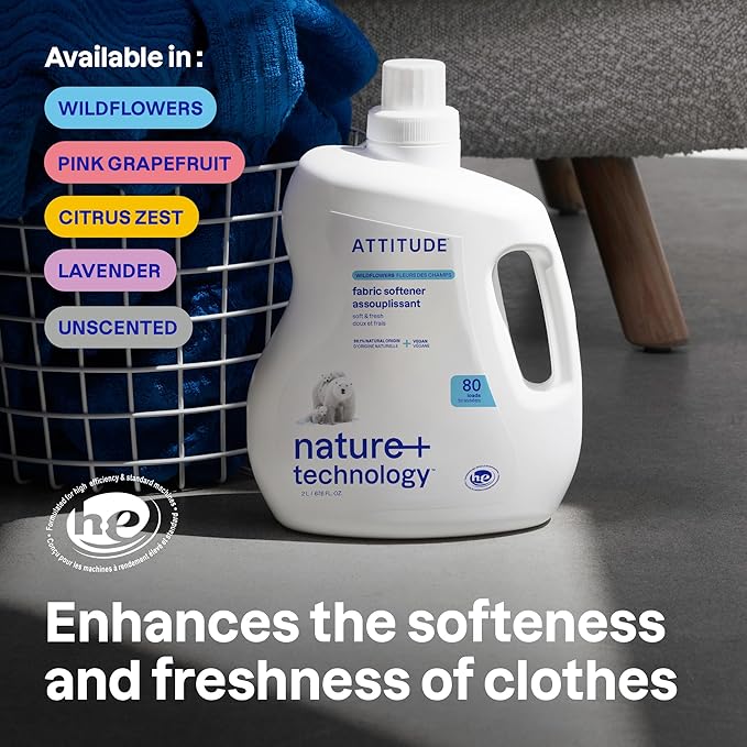ATTITUDE Liquid Fabric Softener, Plant-Based & Vegan, HE Compatible, Naturally Derived, Lavender Scent, 80 Loads, 67.6 Fl Oz
