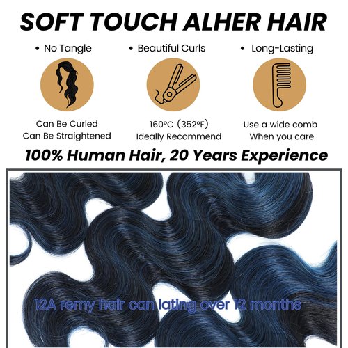 ALHER Black Mix Midnight Blue Bundle Human Hair Body Wave, 12A Soft Thick 3 Bundles Wavy Human Hair, 100% Remy Hair Balayage Two Tone Subtle Colored Double Weft (#1B/Blue, 10 12 14 IN)