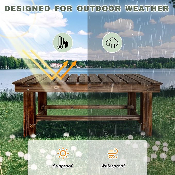 LSPYYDS Outdoor Garden Bench, 2-Person Wood Patio Bench Weatherproof Outdoor Backless Bench, Anti-Corrosion and Anti-Rust Garden Benches for Garden Lawn Porch Park Backyard (Carbonized,35.5''/90cm)