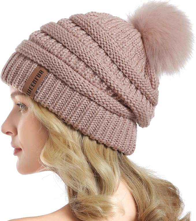 QUEENFUR Women Knit Slouchy Beanie Chunky Baggy Hat with Faux Fur Pompom Winter Soft Warm Ski Cap