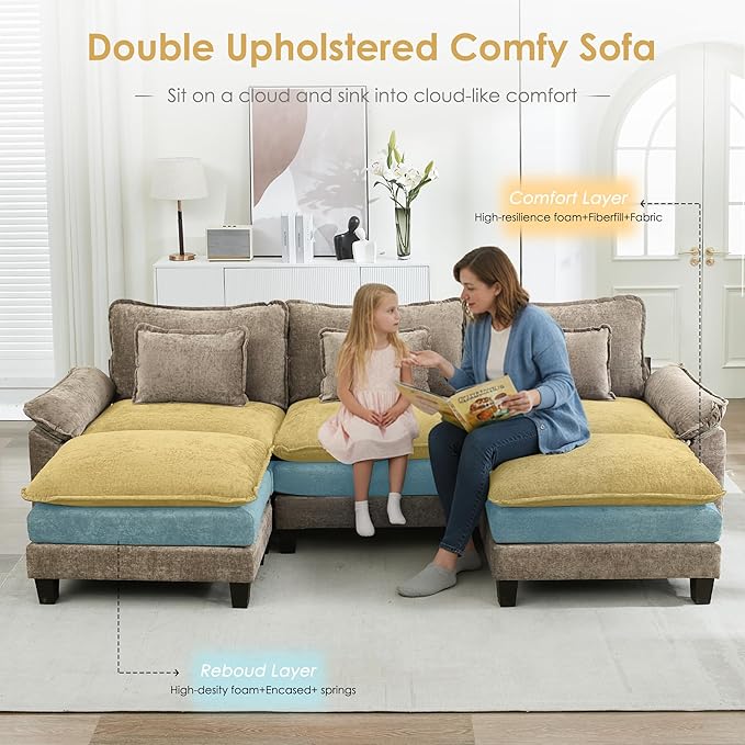 URRED Cloud Couch Modular Sectional Sofa, 122" Modern U Shaped Deep Seat Sofa with 2 Ottomans & Pillows, Ultra Comfy Chenille Couches for Living Room, Bedroom or Apartment, Khaki