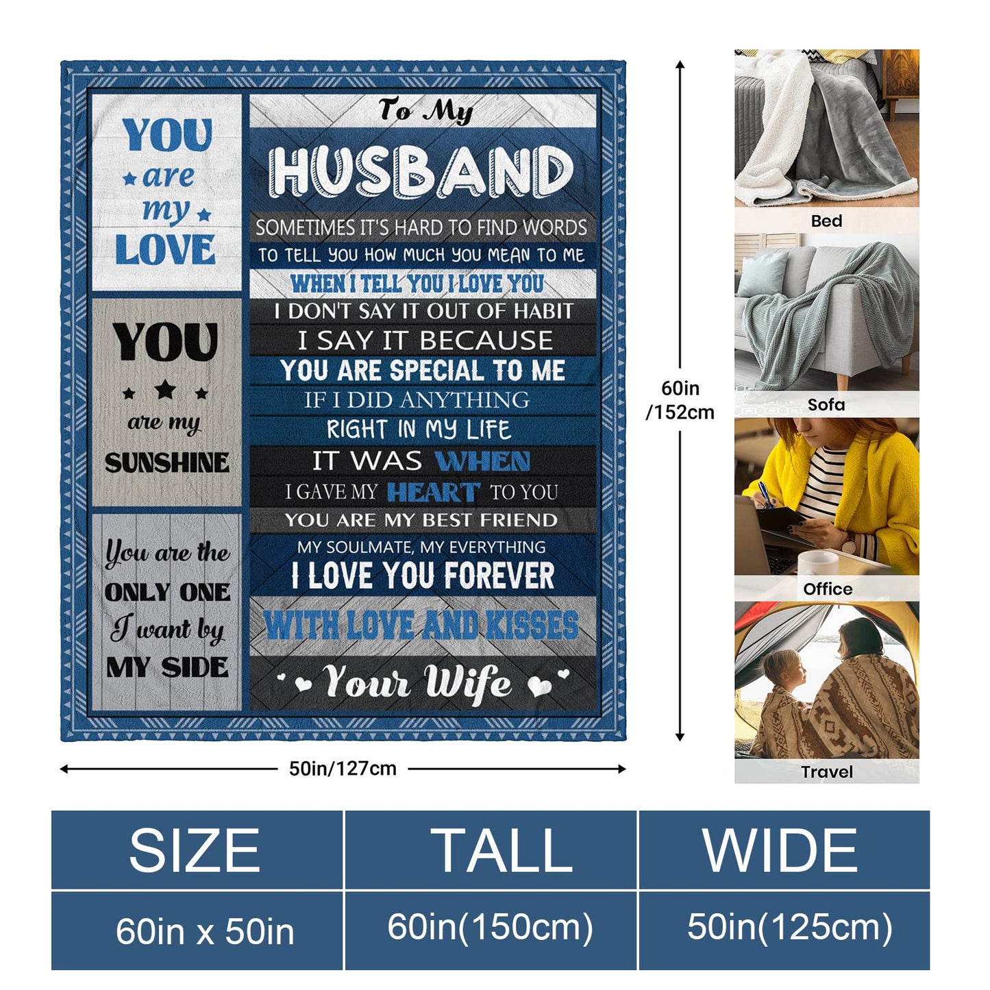 Quilazy Gifts for Him Husband, Husband Birthday Gift, Husbands Gifts from Wife, Best Mens Wedding Anniversary Christmas Fathers/Valentines Day Love Birthday Gift for Him Men Husbands Blanket 60"X 50"