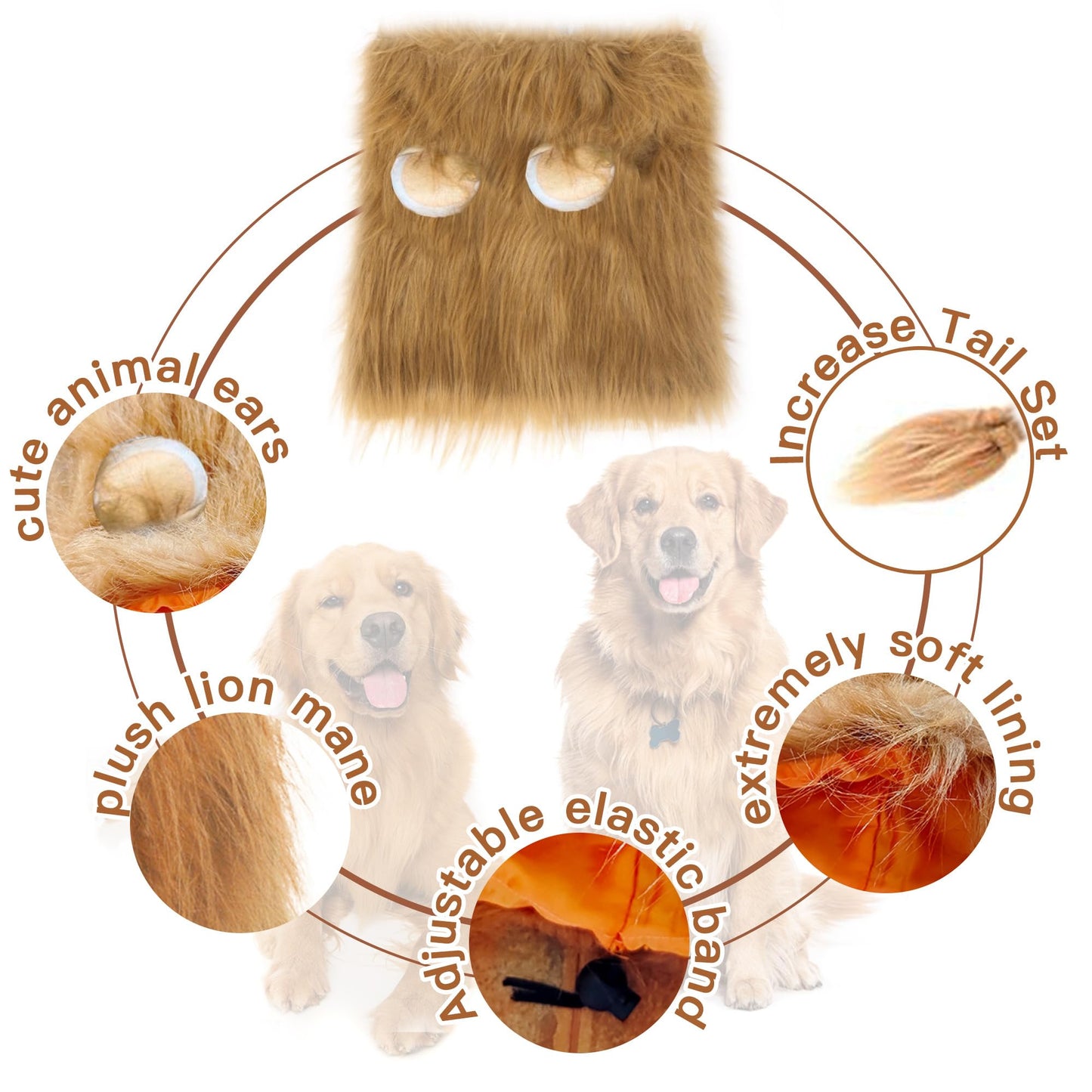 HOKABLE Lion Mane Dog Costume for Medium & Large Dogs - Realistic Lion Wig - Brown - Size M + Tail Set