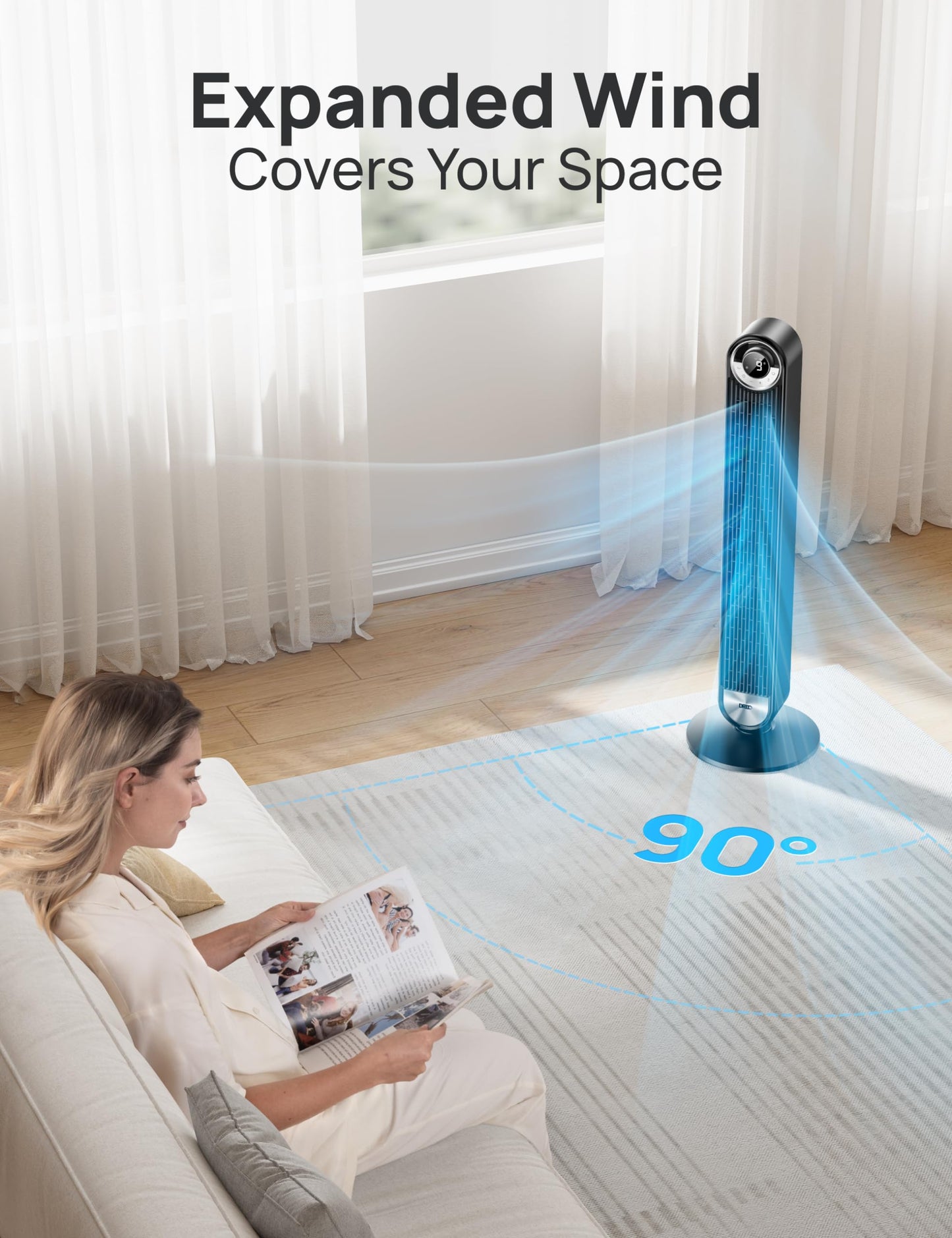 Dreo Tower Fan For Bedroom, 90 Oscillating Standing Floor Fan With 28Ft/S Velocity, 25Db Quiet For Sleep, Dc Motor, 9 Speeds, 4