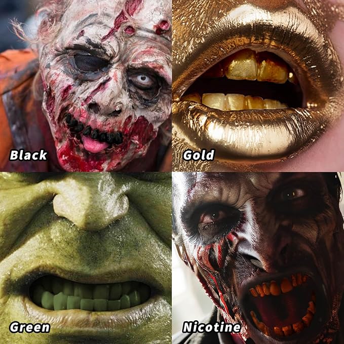 MEICOLY Gold Tooth Paint,Rotten Decayed Cruddy Missing Teeth Makeup,Professional Cosplay Teeth,Temporary Teeth Paint for Halloween SFX Special Effects Makeup,Dry Fast,Safe for Mouth,Long Lasting