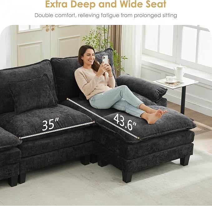 URRED Cloud Couch Modular Sectional Sofa, 122'' Modern L Shaped Deep Seat Sofa with Ottoman & Pillows, Ultra Comfy Chenille Couches for Living Room, Bedroom or Apartment, Black