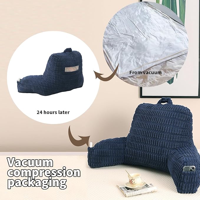 PAJEO Reading Pillow for Sitting in Bed, Large Backrest Reading Pillow with Arm Rest,Back-Rest Support Cushion for Sit Up on Couch, Sofa, and Floor, Dorm Essentials (Dark Blue Corduroy, Large(19"))