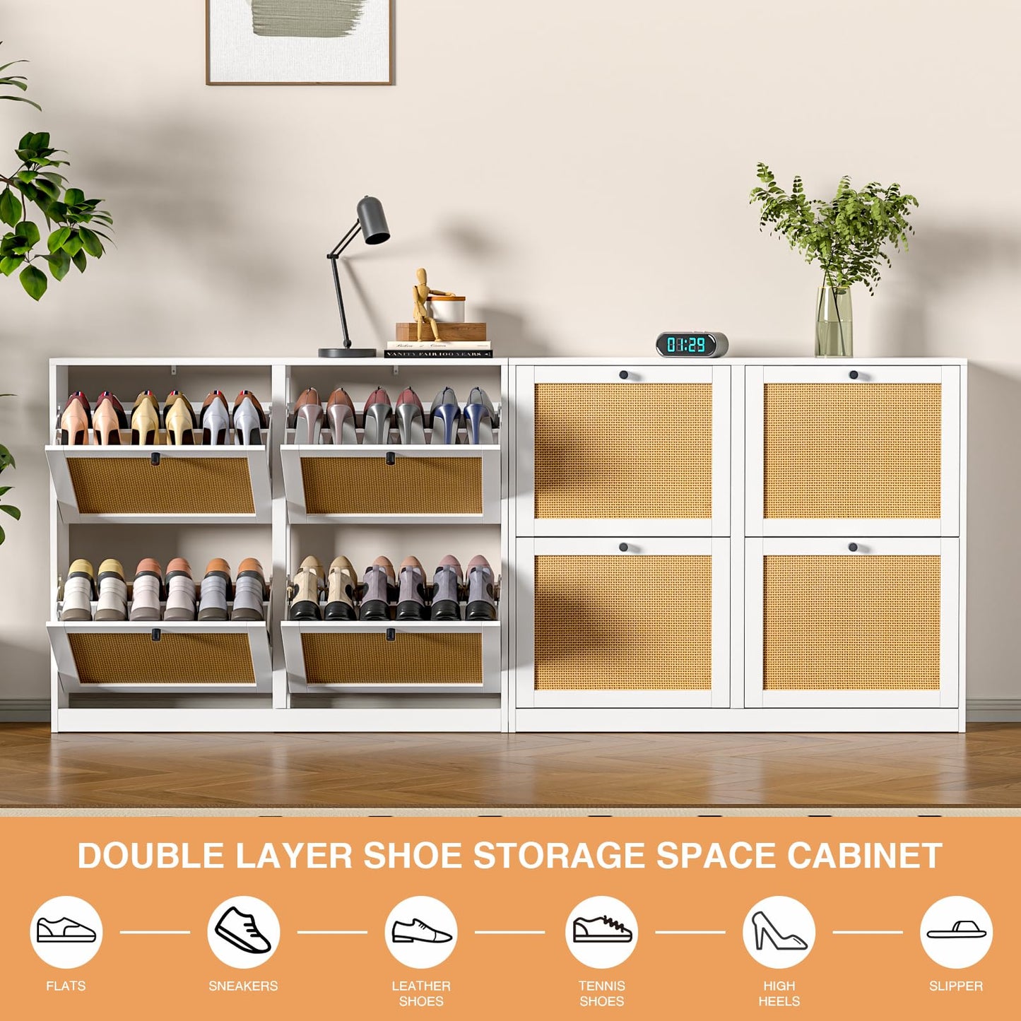 Skokliz Rattan Shoe Cabinet with 4 Flip Drawers, Farmhouse Hidden Shoe Storage Organizer Holds 16 Pairs of Shoes, 2-Tier Shoe Storage Cabinet for Entryway, Foyer, Hallway