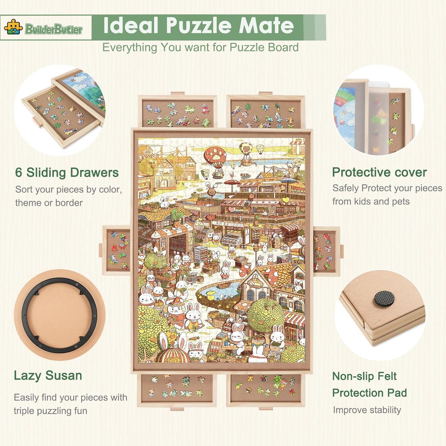 1500 Pieces Rotating Puzzle Board with 6 Drawers,34.25"x25.2" Portable Wooden Jigsaw Puzzle Table with Lazy Susan Spinning Cover