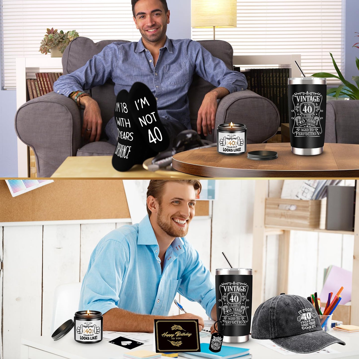 JTAMOHI 40th Birthday Gifts for Men - Unique Box with 20 Oz Tumbler, Scented Candle, Socks, Baseball Cap for Husband, Dad, Friends, Coworker, Teachers, Boss