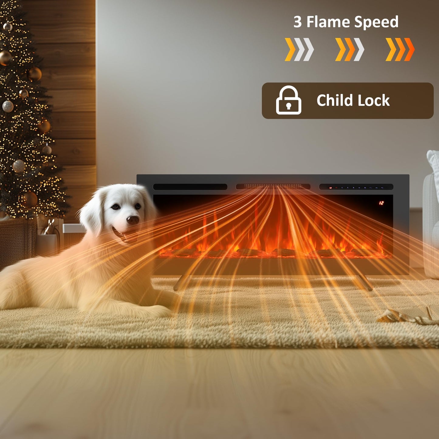 Rodalflame 48" Electric Fireplace Inserts, Adjustable Flame&Speed, Thermostat Heater, Recessed, Wall Mount, Freestanding, Brightness, Child Lock, Timer