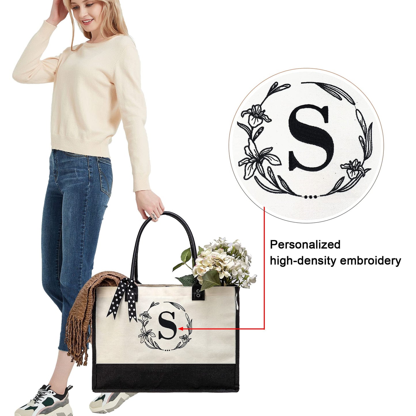 BeeGreen Birthday Gifts Personalized Women's Large White and Black Canvas Tote Bag, Embroidered Initials, Leather Handle, Zipper Closure
