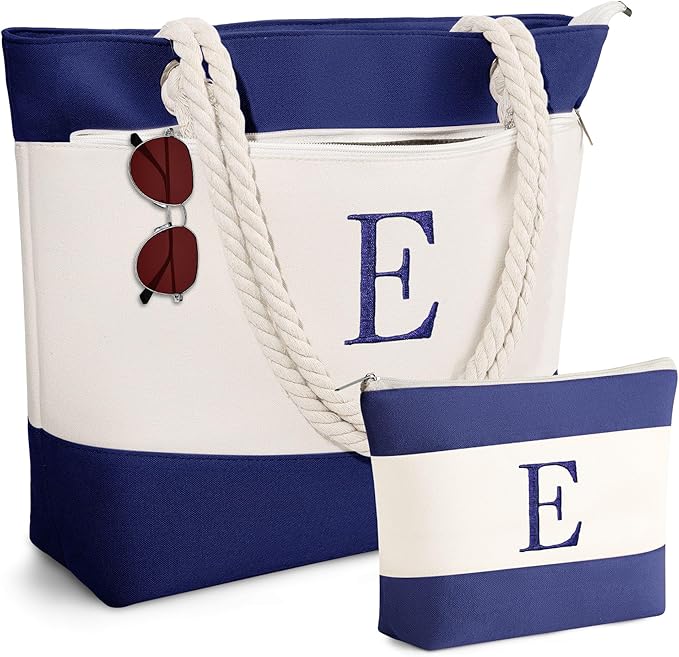 YOOLIFE Beach Bags for Women - Initial Canvas Tote Waterproof Bag with Makeup Bag Gifts for Women Mom Friend Birthday Her