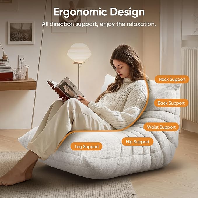 Bean Bag Chair for Adults, Fireside Togo Chair, BeanBag Chairs for Teens with High-Resilience Memory Foam, Non-Slip Base Compressed Floor Lounge Sofa for Living Room, Bedroom, White