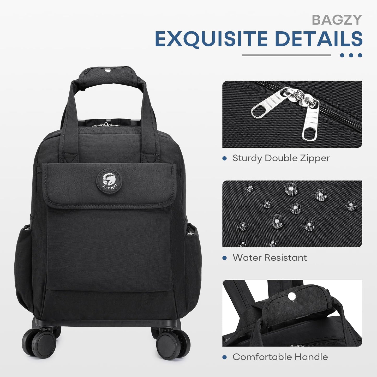 BAGZY 25L Rolling Backpack Waterproof Rolling Teacher Bag with Laptop Compartment Travel Backpack with Wheels Laptop Bag with Wheels Rollings Briefcase for Women Men Black