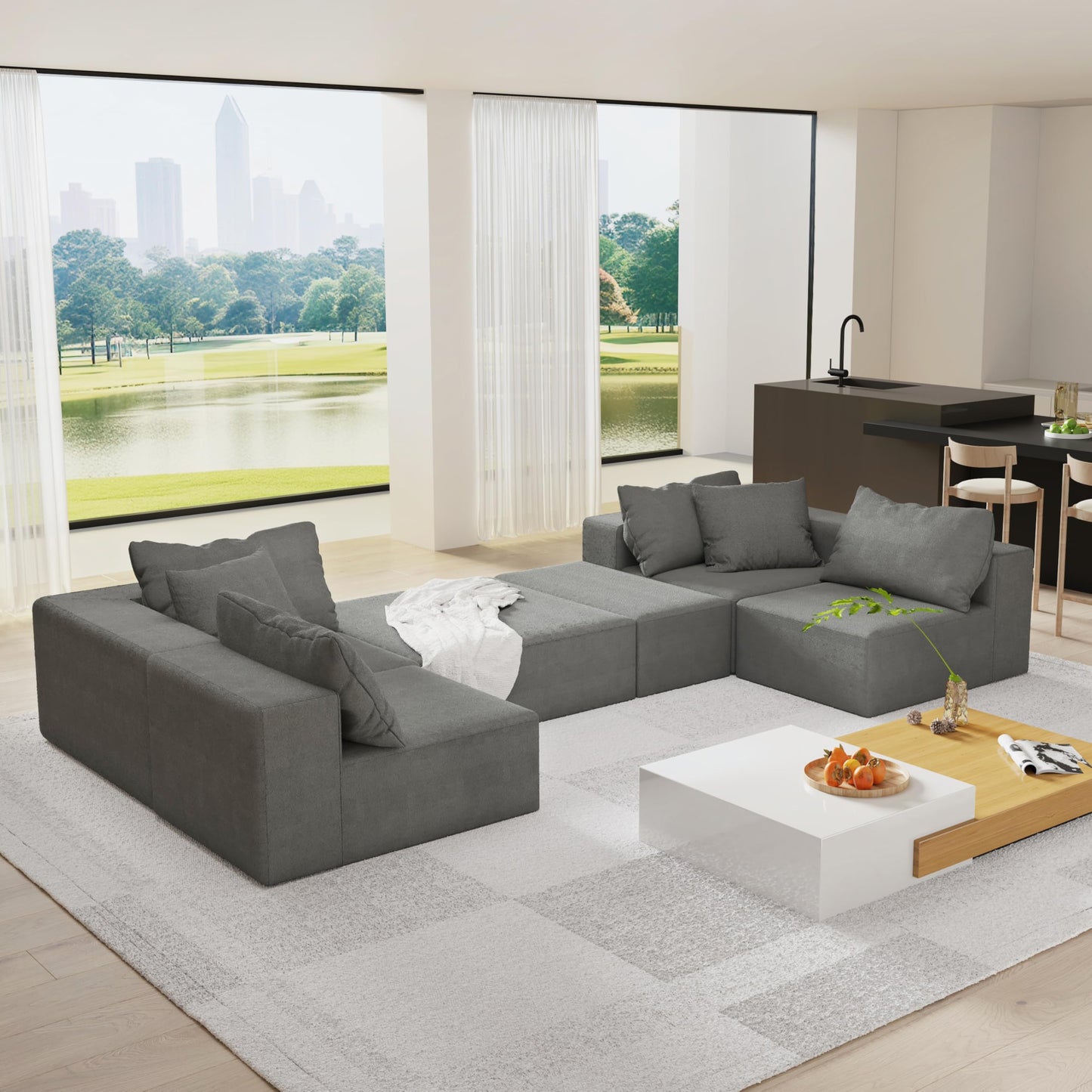 Oversized Boneless Modular Sectional Sofa Cloud Couch for Living Room - Convertible 6 Seater Chenille Couches Set with Ottoman, No Assembly Floor Compression Sofa with Memory Foam
