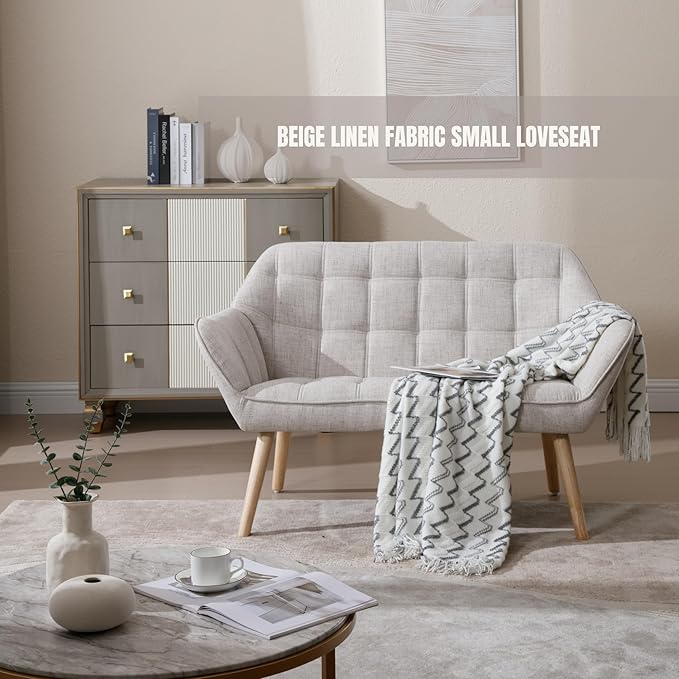 Hyfirm Loveseat Sofa, 48 inch Love Seat for Living Room Comfy Linen Small Couch with Wood Legs for Bedroom Small Space Apartment Office, Beige