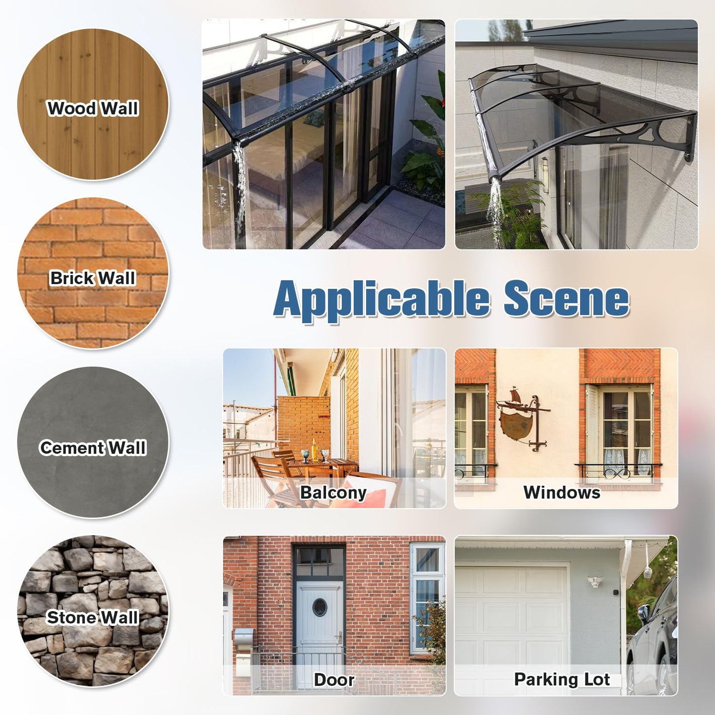 Awning for Door Entrance, Window Awnings Exterior with Aluminum Bracket Polycarbonate Board, Patio Balcony Porch, UV Rain Snow Protection Gray 60x60cm/24x24in