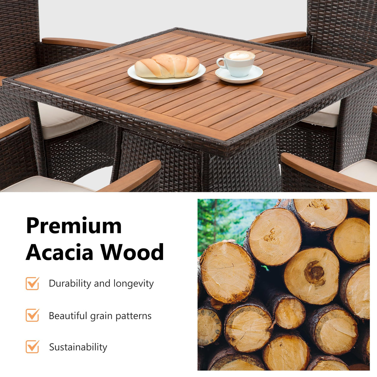 RoyalCraft 5 Piece Patio Wicker Dining Sets for 4, Water-Resistant Rattan Outdoor Dining Table and 4 Chairs with Wood Table Top, Conversation Set for Deck, Garden, Backyard, Removable Cushions, Brown