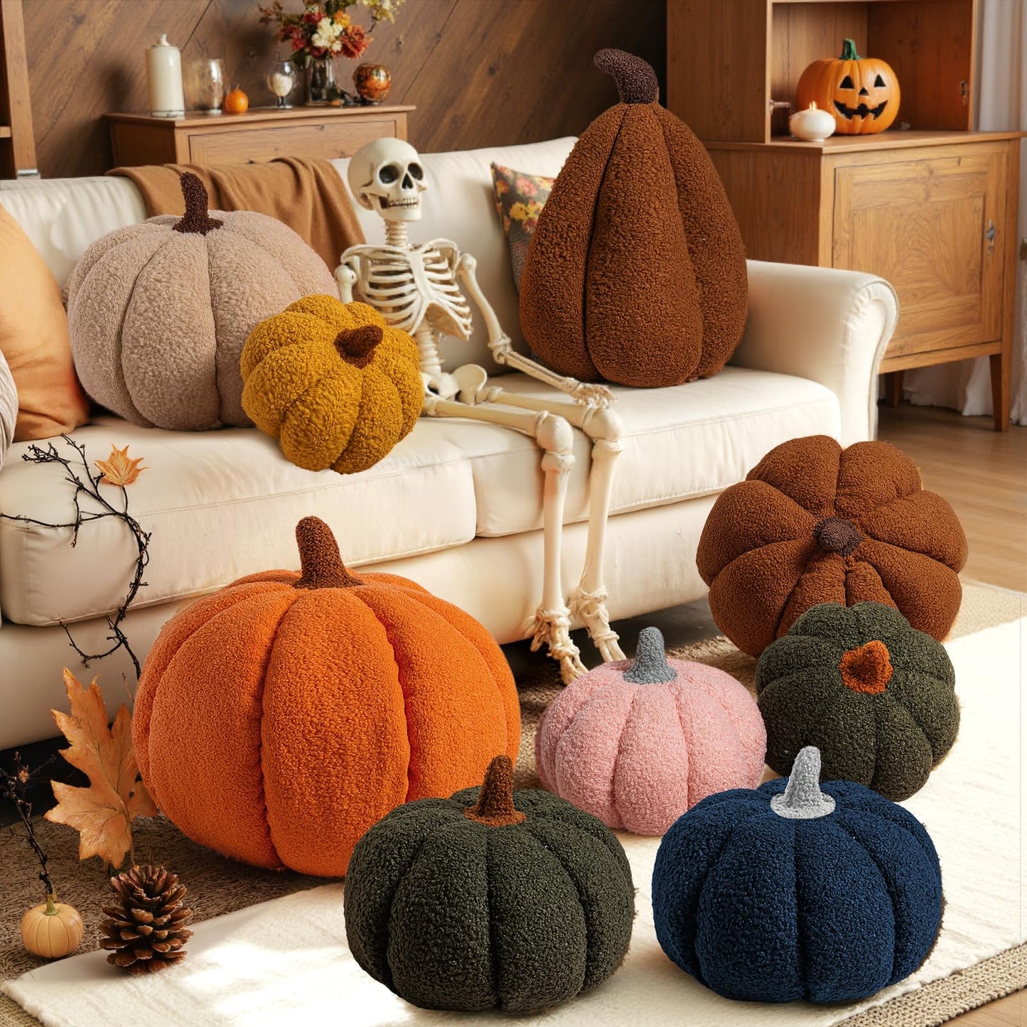 Lanpn Fall Pumpkin Pillows Set of 2, Halloween Decoration Plush Throw Pillows Soft Fleece Sherpa Cute 3D Shaped Cushion for Sofa Couch Bedroom Autumn Thanksgiving (Orange, 12.6x8.7in & 9x5.9in)