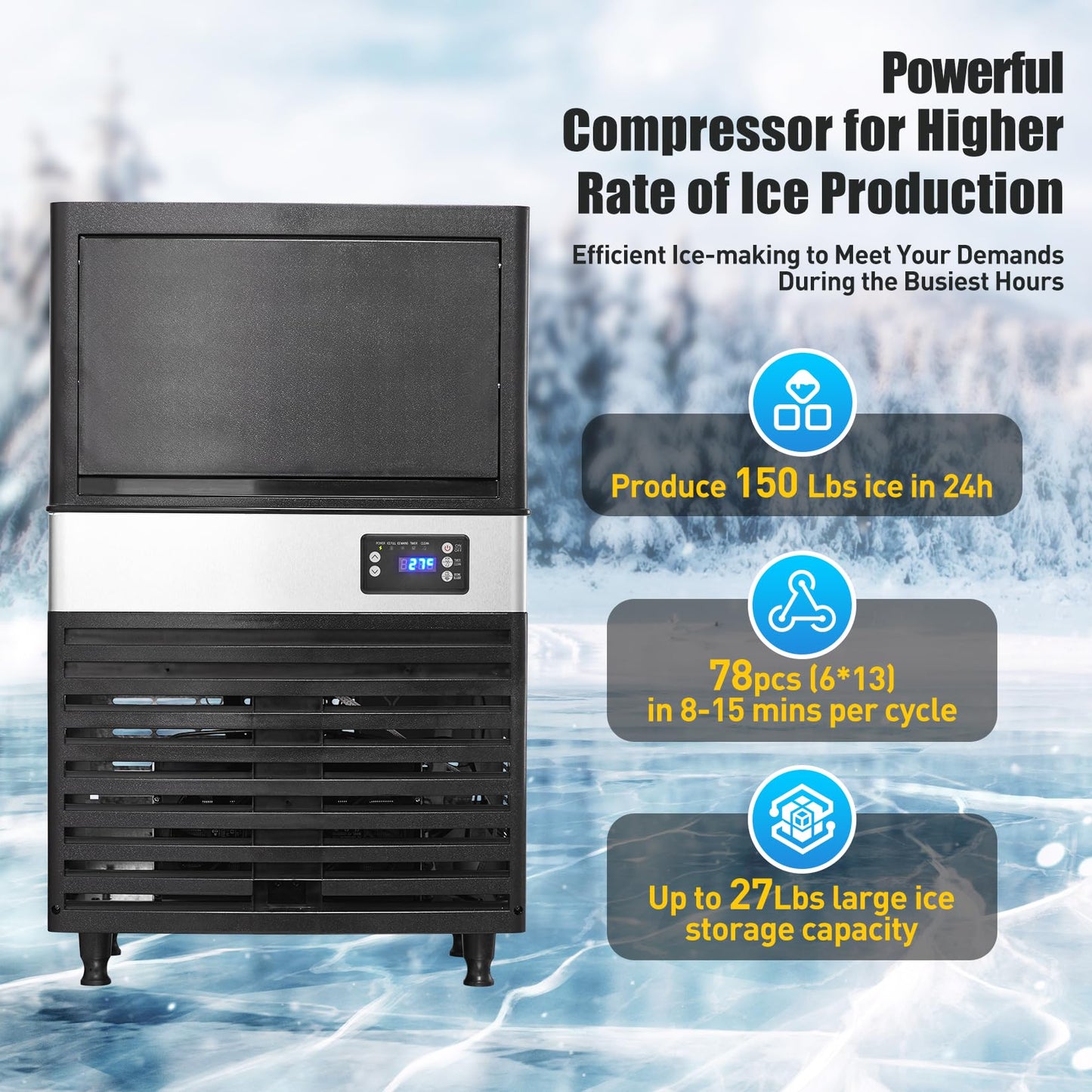 Commercial Ice Maker Machine, 150 Lbs/24H Ice Machine with 30 Lbs Storage Bin, Under Counter Ice Maker Machine with with Led Digital Display, Auto-Clean, Blue Light, Ideal for Home, Restaurant, Bar