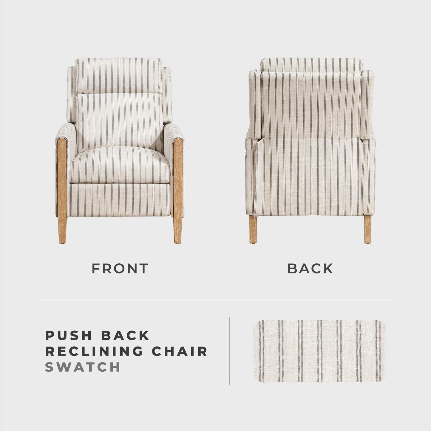Lexicon Pushback Recliner Chair, Striped Textured Fabric Accent Armchair, Push Back Recliner, Nailhead Trim, Solid Wood Legs, Easy Assembly for Living Room/Office/Apartment, White/Grey