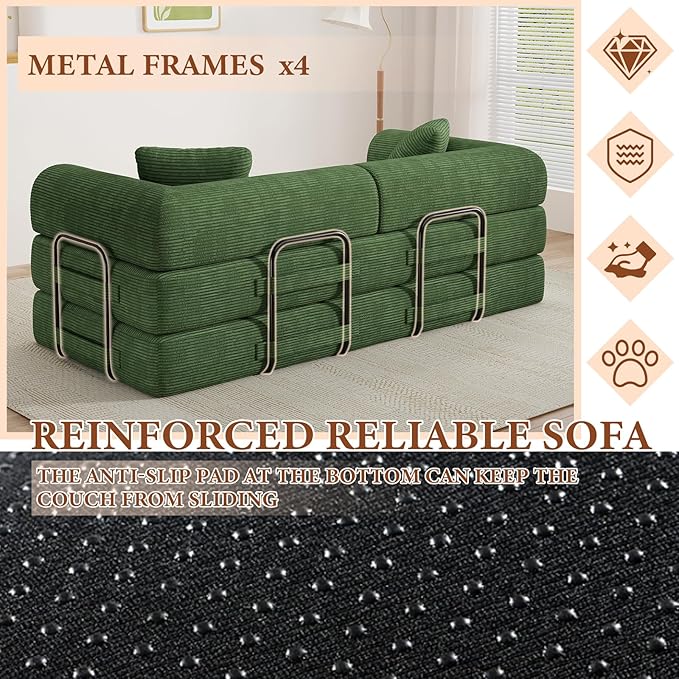 77" Convertible Sofa Bed, Modular Folding Futon Corduroy Floor Foam Compressed Loveseat Sleeper Sofa Couch, Pull Out Queen Size Couch Bed with 2 Pillows for Living Room Guest Room Studio, Dark Green
