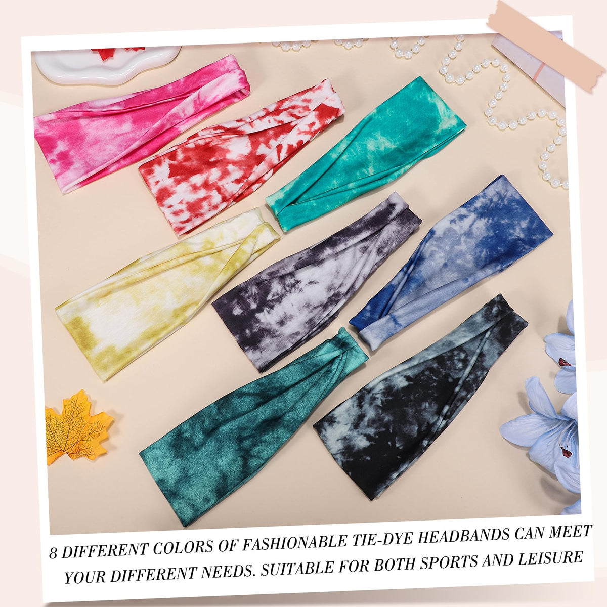 obeoby Tie Dye Headbands for Women, 8Pcs Boho Hairbands Fashion Knot Wide Headband for Daily, Yoga, Work
