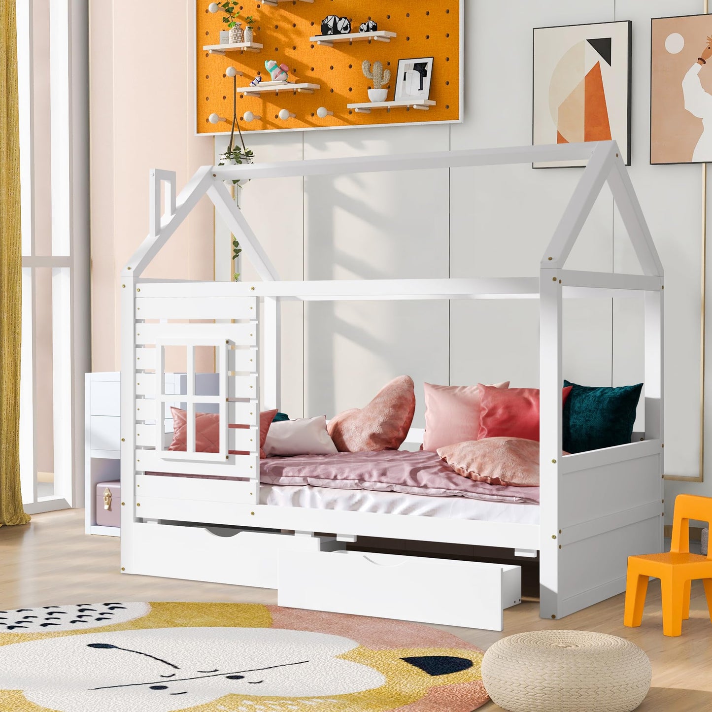HUMEHA Twin Size Kids House Bed with 2 Storage Drawers, Twin House Bed Frame with Roof and Window, Twin Bed Frames for Kids with Slats, Modern Wooden Montessori Bed for Bedroom, White