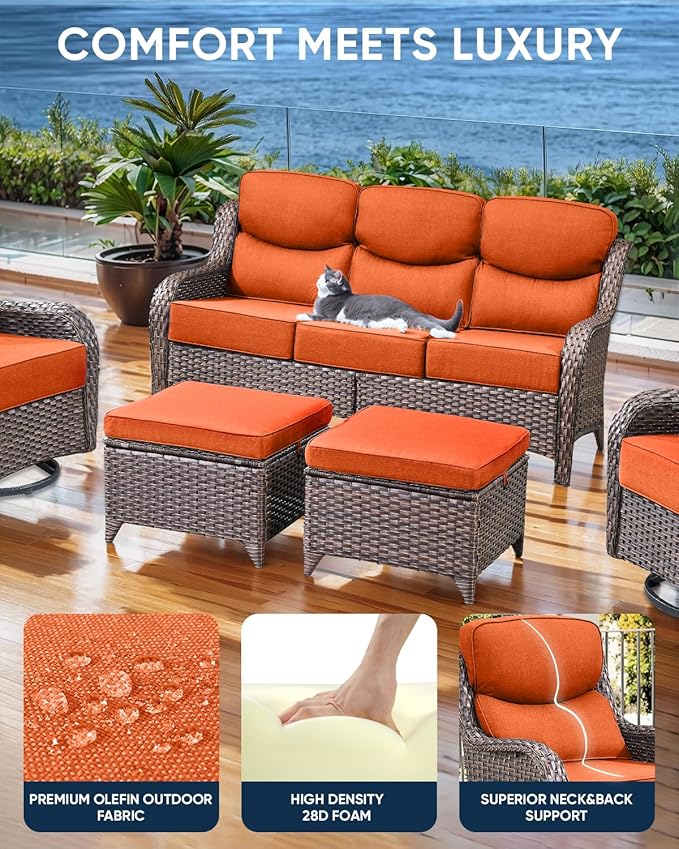 ACTREST Luxury 22x24/22x25 6-Inch Smile Patio Cushions for Outdoor Furniture Set of 6 - Thick Back & Deep Seat Outside Chair Cushions for Rattan Metal Glider Loveseat Sectional Sofa - Orange