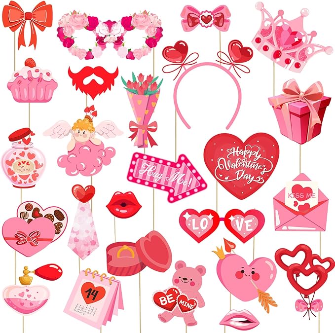 JXYCBZYing Hot Pink Valentine's Day Photo Booth Props - Pack of 24 | Happy Lovers Selfie Photo Booth Props for Valentines ...