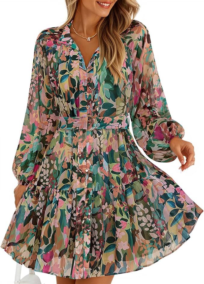 ZESICA Womens Floral Long Sleeve Mini Dress Spring Button Chiffon A Line Swing Short Wedding Guest Holiday Party Dresses