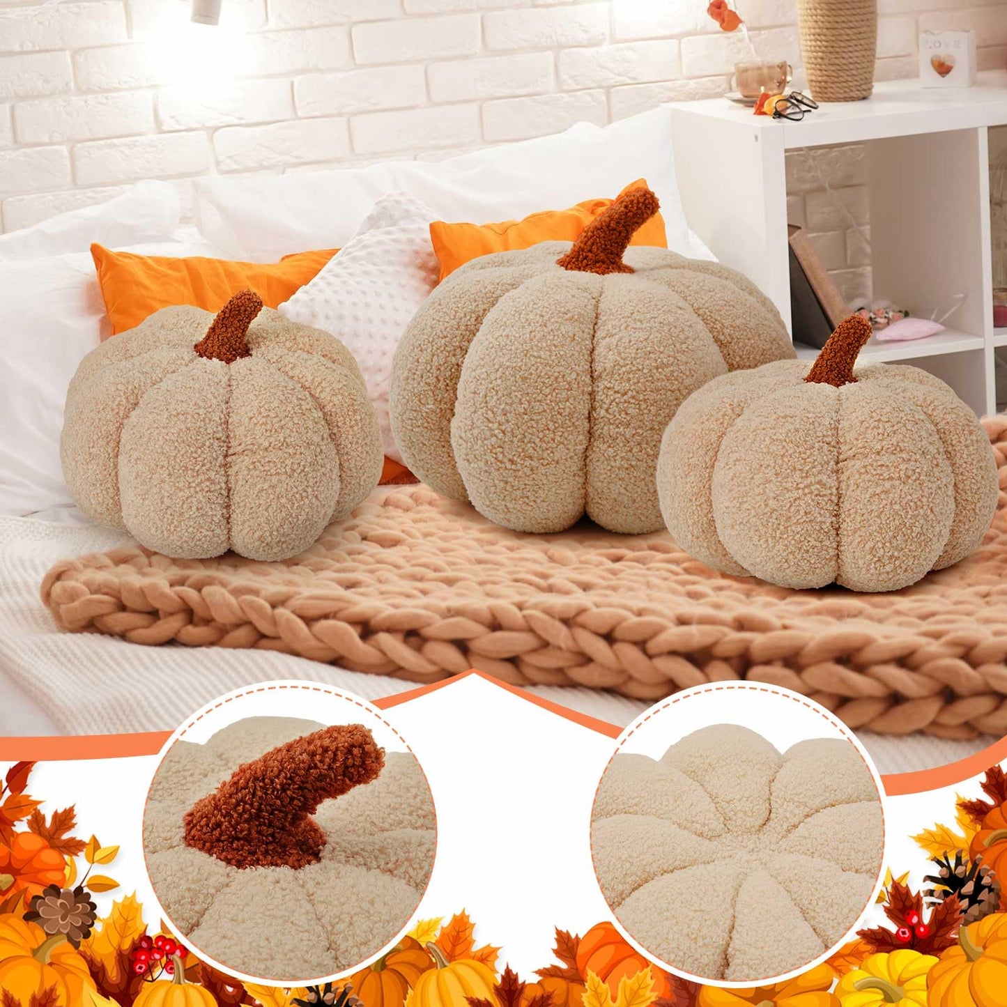 Juexica 3 Pcs Stuffed Pumpkin Pillow Fluffy Plush 3D Pumpkin Shaped Decoration Fall Thanksgiving Halloween Pillow Cushion Cute Soft Throw for Sofa Couch Supplies (Beige)