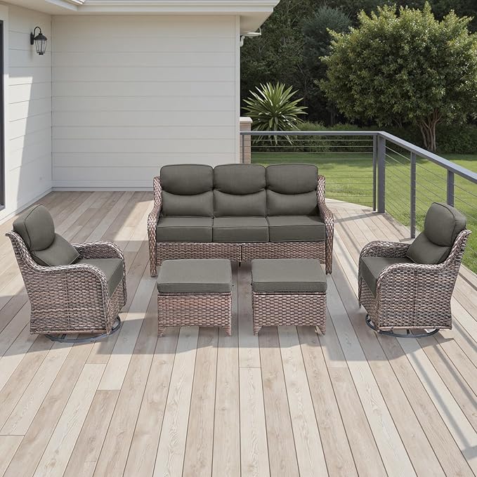 Rilyson Wicker Outdoor Patio Furniture Sets - 5 Piece Patio Conversation Sets with Swivel Rocker Chairs, Ottomans and Sofa, 6 inch Cushions, Waterproof Wicker, for Porch Deck Brown/Grey