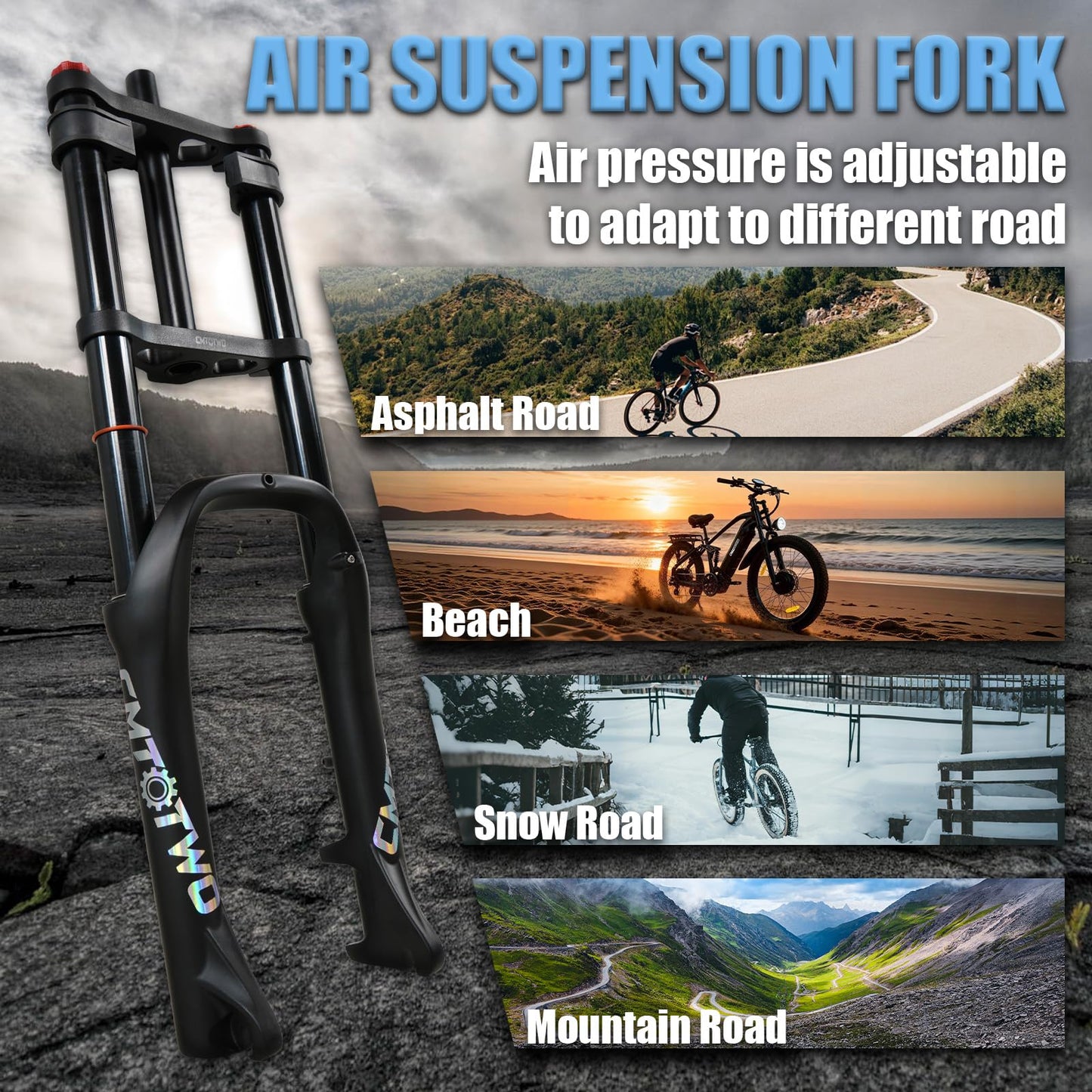 CMTOTWO 20x4.0 Fat Tire E-Bike Air Suspension Fork: for 20 x 4.0 Fat Tire Bike, 185mm Travel, 135mm Hub Spacing, 9mm QR - Double Shoulder Air Shock Absorption Design for MTB Snow Beach Fat Tire Ebike