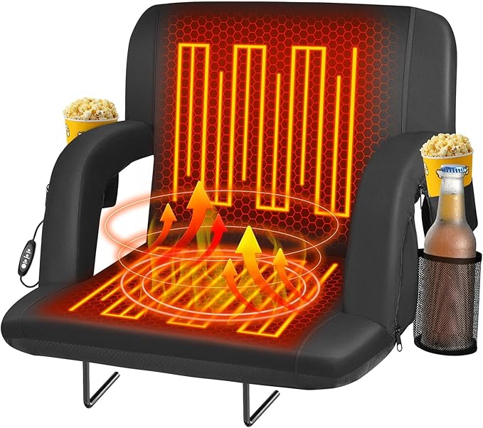 Seeutek Heated Stadium Seats for Bleachers, Portable Stadium Seats with Back Support, USB 3 Levels Bleacher Chairs with Back and Cushion, 5 Pockets Poldable Stadium Chairs for Sports Games, 25in 1PC