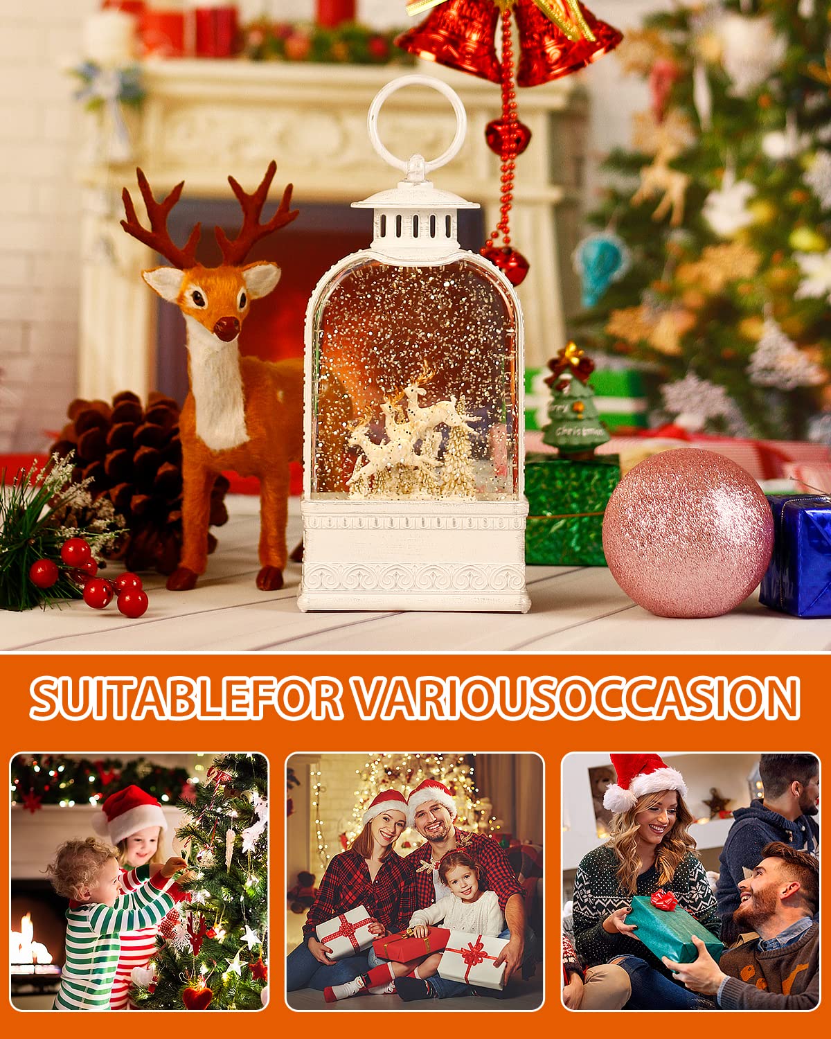 Reindeer Christmas Snow Globes Musical Lightde with 6H Timer Sparkly Swirling Snow Globe Lantern, Christmas Decor Winter Reindeer Gift, Battery or USB Powered White for Christmas Decoration (9.9Inch)