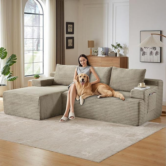 96" Cloud Sectional Couch with L-Shape Chaise, Modern Corduroy Boneless Couch for Living Room,Memory Foam Sofa with Deep Seat,No Assembly Required (Camel,Left-Facing Chaise)