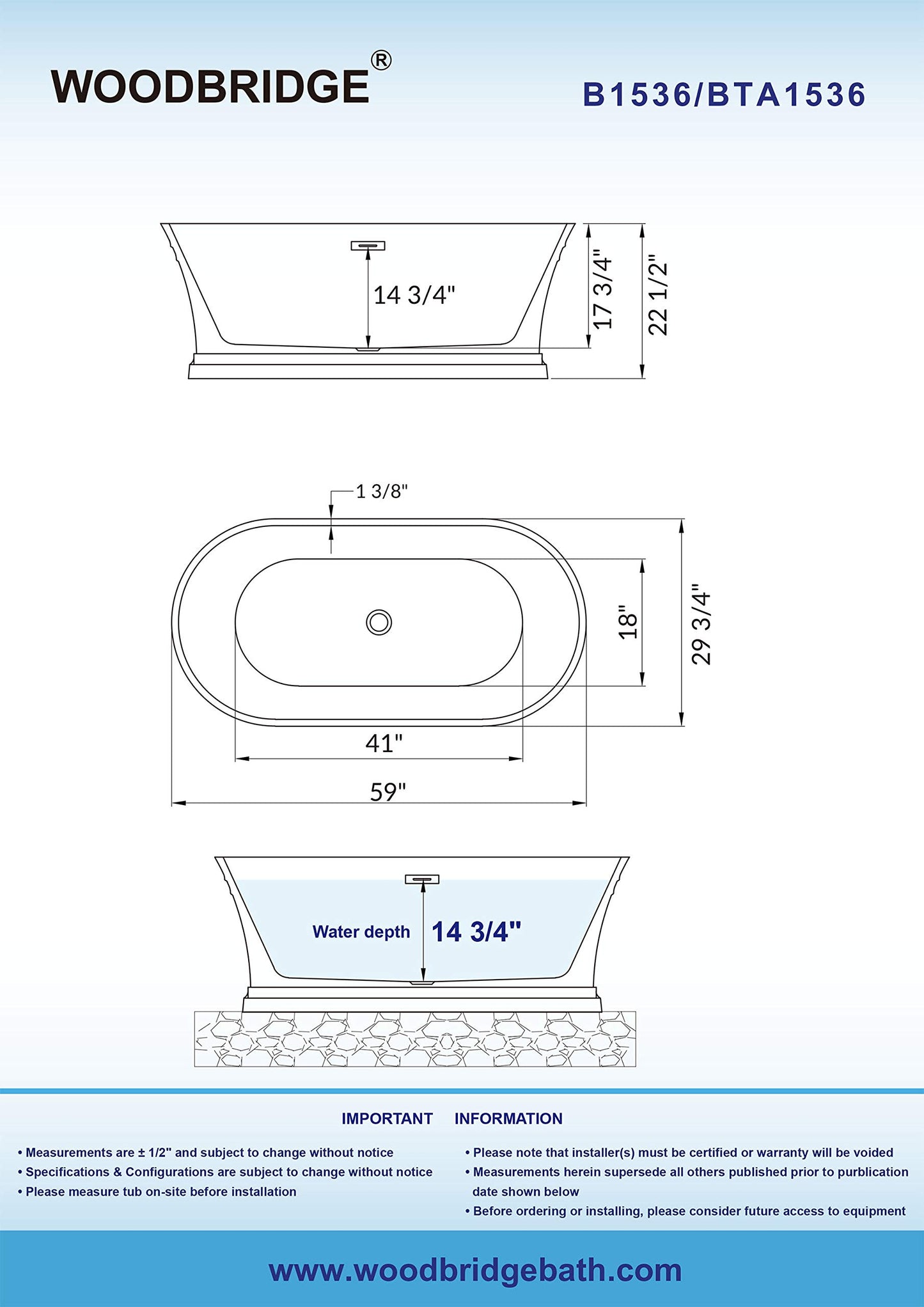 WOODBRIDGE 59"Freestanding White Acylic Soaking Bathtub with White Pillow,Drain and Overflow inChrome,BTA1536 -C-Drain &O+ Pillow