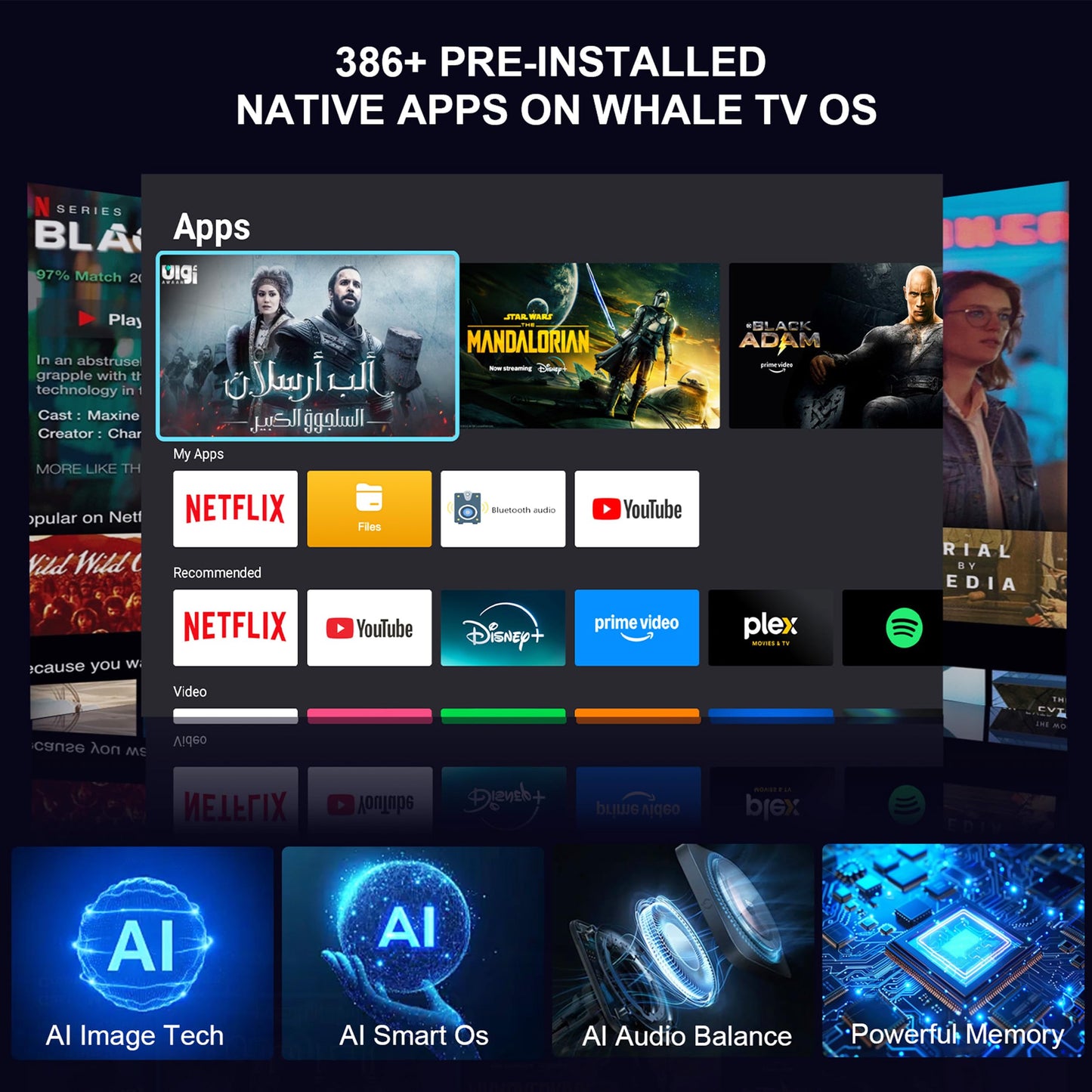 【Compatible with Netflix & 180° Stand】Smart Projector with WiFi and Bluetooth, AI Auto Focus & Keystone Portable Movie Projector, Native 1080P 4K Support Home Theater Outdoor Proyector-Black