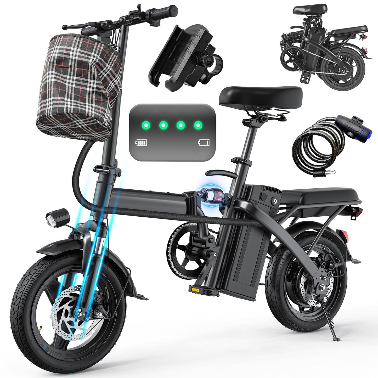Electric Bike for Adults and Teens, 560W Motor 24MPH Compact Commuter Ebike, 32 Miles Range, 48V 10Ah Battery, 3 Shock Absorbers, 14" Mini Foldable Electric Bicycle with Basket, UL 2849 Certified