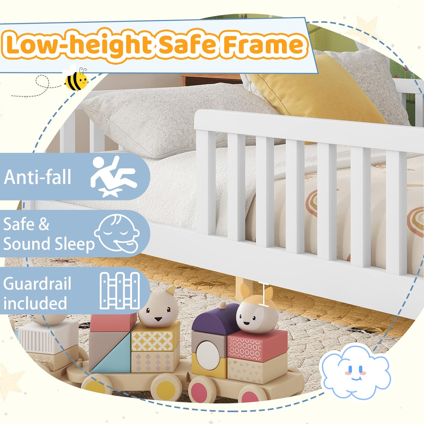 Mirightone Teepee Floor Bed for Kids, Full Size Montessori Beds with Rails, Detachable Floor Tent Bed with Slats and Hanging Rack, Wood House Bedframe for Boys Girls, White